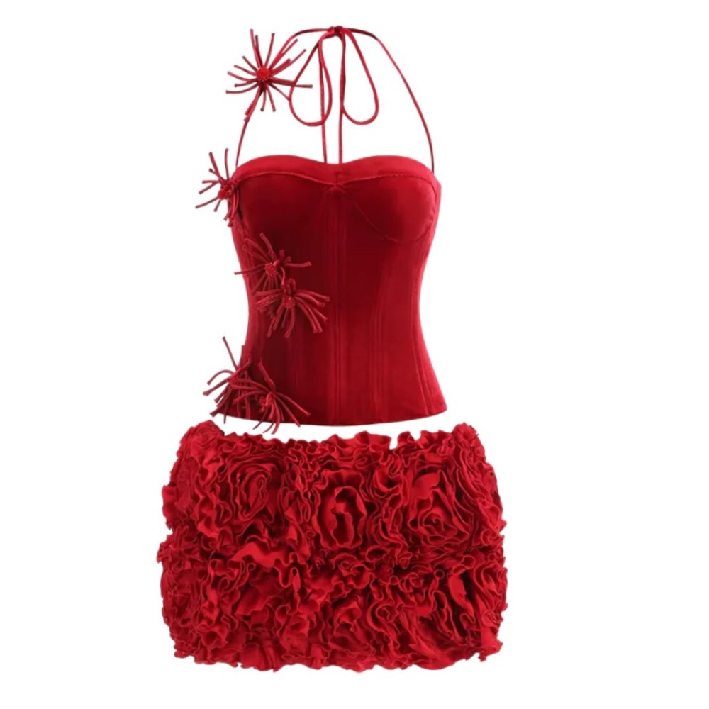 Halter Lace Back Rosette Two Piece